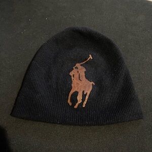 Ralph Lauren Black Knit Hat with Brown Polo Logo